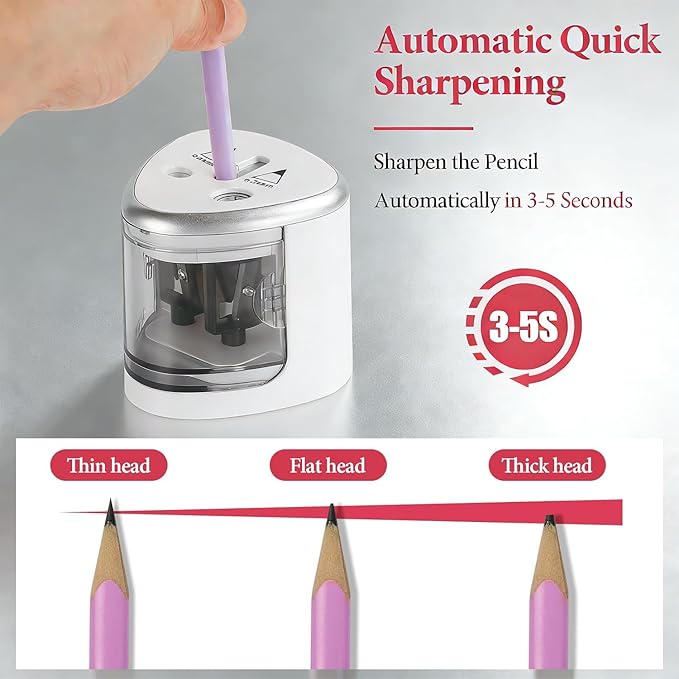 Electric Pencil Sharpener, Automatic Battery Operated Pencil Sharpeners with 2 Holes for Office School Artists Adults Kids Use, Suitable for No.2 and 6-12mm Pencils