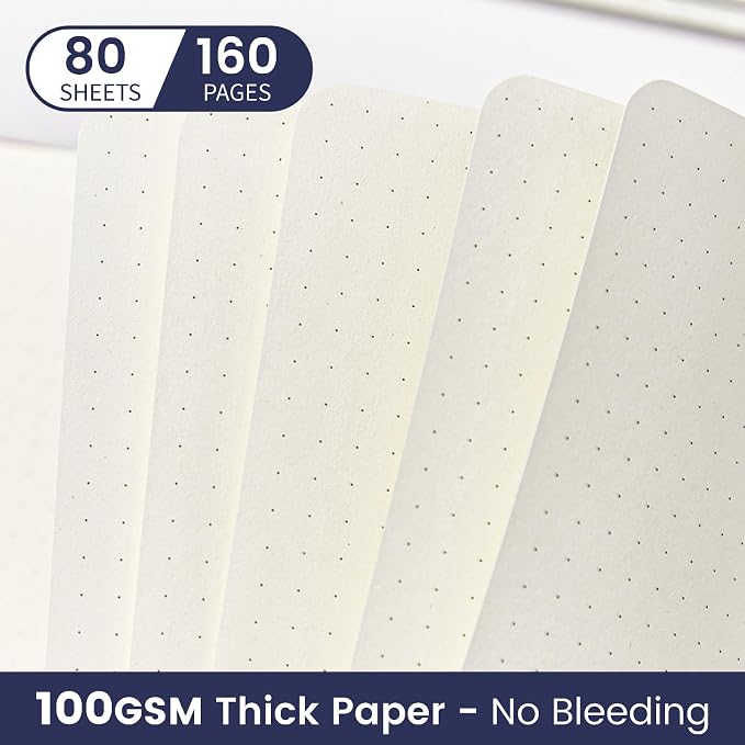 Dotted Journal Notebook Soft Cover PU Leather Journaling Notebooks for Women Men Writing Work Office School 160 Pages 100 GSM Thick Paper A5 Dotted 80 Sheets 5.79"x8.27", Dark Blue