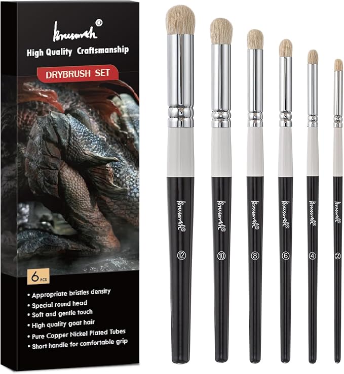 Brusarth Drybrush Set-Hobby Detail Paint Brush Set, 6 Sizes Goat Hair Acrylic Paint Brushes for Tabletop & Wargames Miniature Watercolor Oil Painting, Model for Beginners & Professional