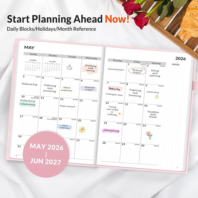 SUNEE 2026-2027 Weekly & Monthly Hardcover Planner 5.5" x 8.3" - 12 Month (July 2026 - June 2027), Small Academic Year Calendar Planner, Pocket, Notes, 100 GSM Paper, Pink