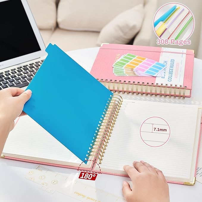 Aeshetic Hardcover Spiral Notebooks for Work with Removable Dividers & Tabs 8.5" X 11" Note Taking 5 Subject Notebook College Ruled A4 Linen Spiral Notebook for School Cute Journals for Women Writing