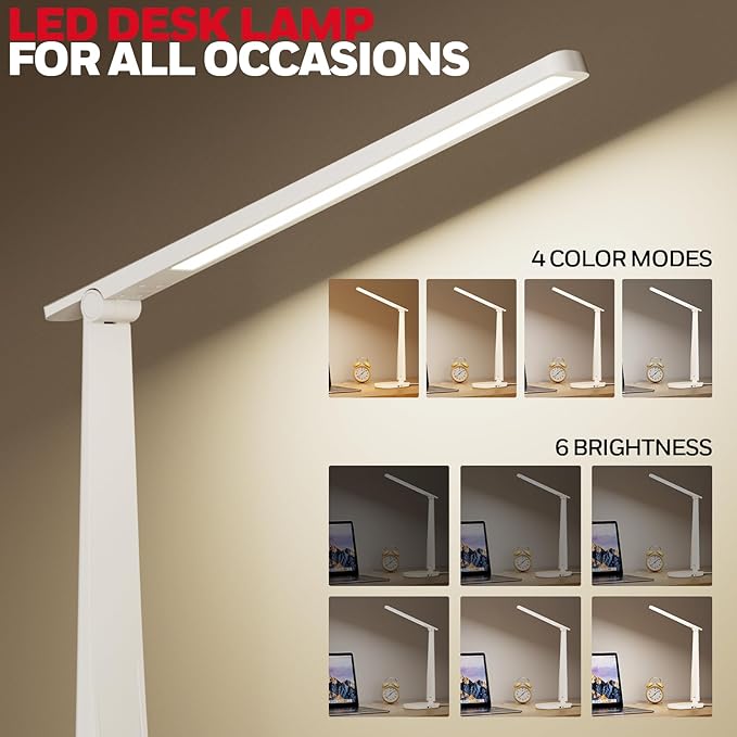 Honeywell LED Desk Lamp for Home Office, Eye-Caring Dimmable Reading Light with 4 Color Modes, Touch Control, USB-A & USB-C Charging Ports, Adjustable Head, Timer for Bedroom & Small Desks