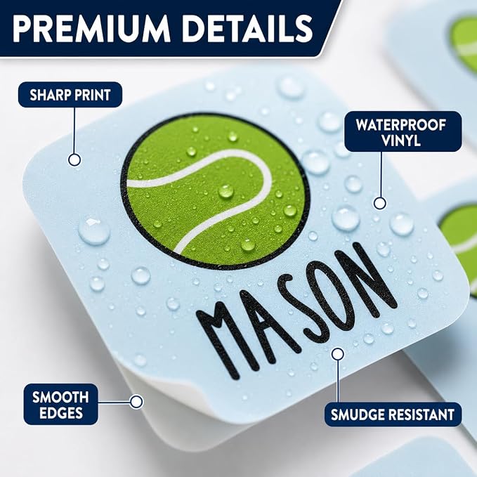 Andaz Press Custom Personalized Waterproof School Name Labels, Tennis, 120-Pack, Kids Labels Combo Pack, Customizable Multi-Use Name Stickers for Preschool, Daycare, Supplies, Office, Water Bottle