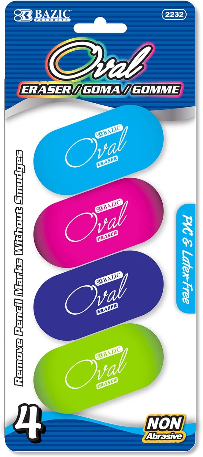 BAZIC Products Erasers, Bright Color Oval Eraser (4/Pack) Latex Free, Large Size Block Erasers for Art Drawing School Office Teachers, 1-Pack