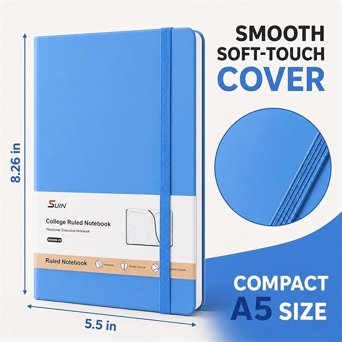 SUIN A5 Hardcover Lined Journal Notebook, 200 Pages, Light Blue, 1 Pack