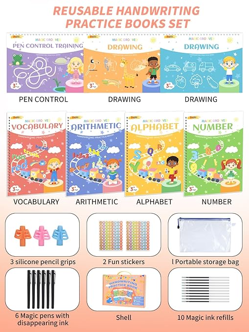 Magic Grooved Writing Practice for Kids Ages 3-8, Reusable Handwriting Workbooks for Preschool Learning, Letters Numbers Math & Drawing Tracing Books with Disappearing Ink Pens, Educational Gift