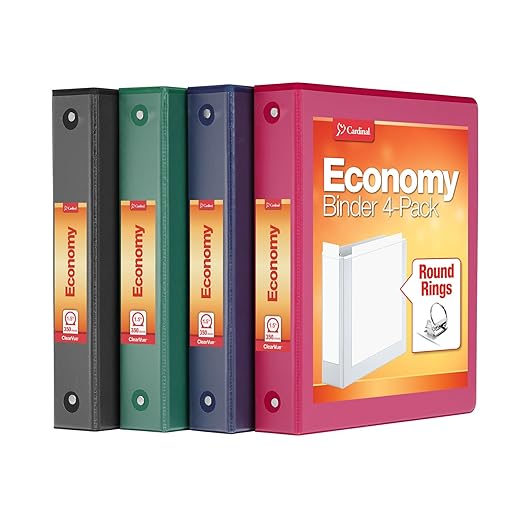 Cardinal 3 Ring Binders, Binders for School and Office, Durable 1.5 Inch, Round Rings, Holds 350 Sheets, ClearVue Presentation View, Non-Stick, Assorted Colors, 4 Pack (1017673)