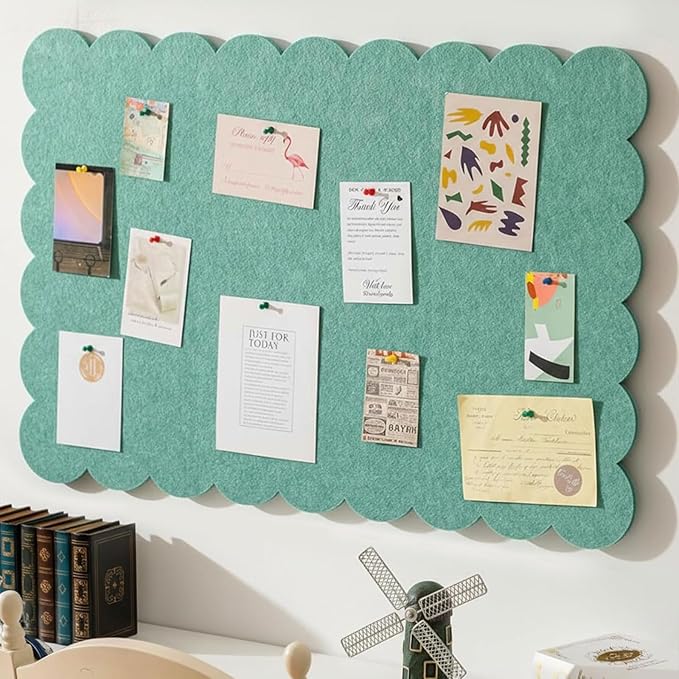 Mooliwe Scalloped Felt Bulletin Board 48 x 36 Inches Foldable Forest Green Pin Cork Board Alternative for Wall, 4' x 3' Trifold Picture Vision Self Adhesive Bulletin Decorative