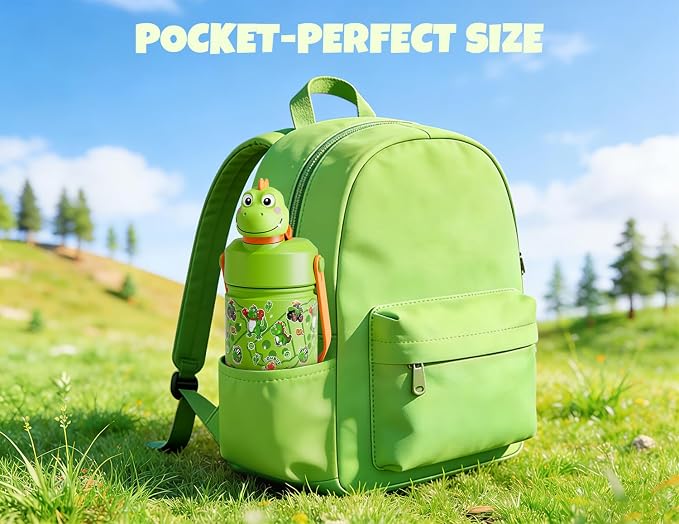 POWCAN Kids Water Bottle for School: 2-in-1 Straw Spout Lid with Soft Animal Head, Leakproof, Backpack Friendly, Keep Cold 24H, Insulated cup for Sports, Playground, Holiday Gift, Cowboy Rex 18 Ounces