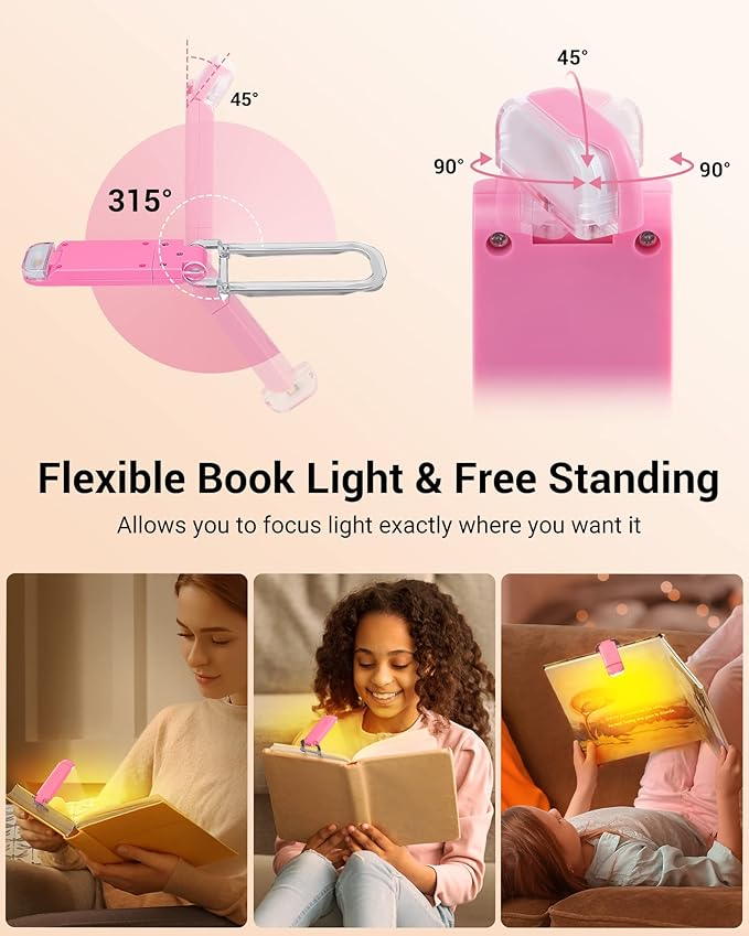 DEWENWILS Amber Book Light, USB Rechargeable Book Light for Reading in Bed, 3 Brightness Levels, Blue Light Blocking, LED Clip-on Reading Light for Kids, Bookworms (Pink)
