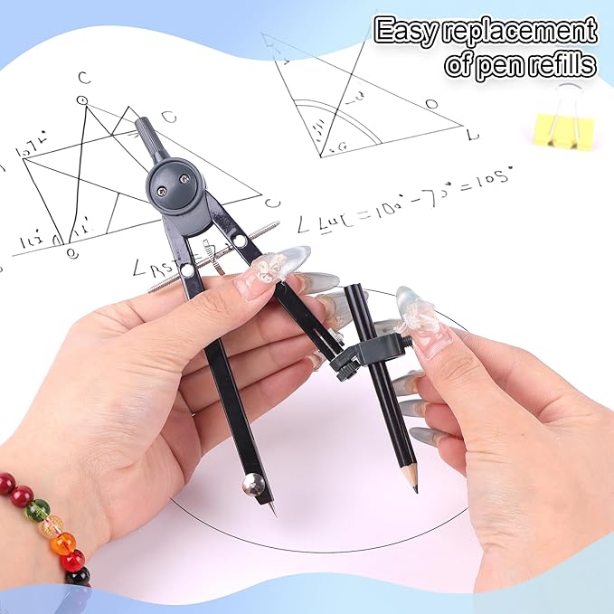 UNJOO Professional Compass for Geometry Set, Metal Compass with Wheel and Lock for Geometry, Drawing Compass Tool, Circle Drafting Tool, and 6 Inch Math Protractors 180 Degree (Silver)