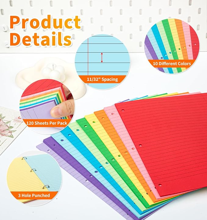 120 Sheets Loose Leaf Binder Paper, 10-Color Wide Ruled Lined Writing Paper