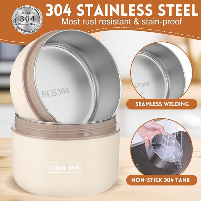 Dandat 2 Pcs Portable Insulated Lunch Containers Thermal Bento Box with Bag Fork Knife Microwavable Stainless Steel Lunch Box 15.2 oz 21 oz Separate Stackable Food Jar for Adult Men Women(Beige)