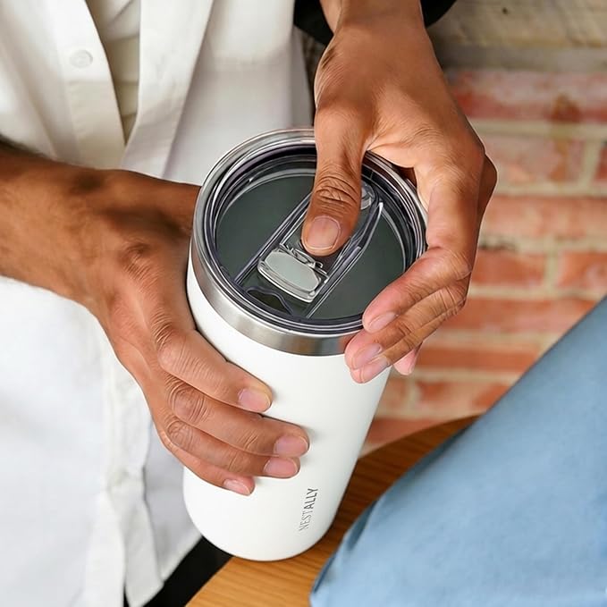 NESTALLY Coast 20oz Stainless Steel Tumbler,Extra Capacity Holds Up to 22oz, Double Wall Vacuum Insulated Travel Coffee Mug with Lid & Metal Straw, Leakproof Reusable Cup for Travel (Soft White)