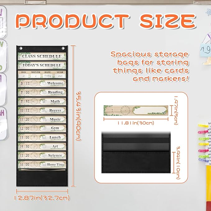 Grekos 13+1 Pocket Daily Schedule Pocket Chart, Visual Schedule for Kids,18 Double-Sided Blank Reusable Dry-Eraser Cards, Scheduling Pocket Chart for Classroom Supplies (Black)