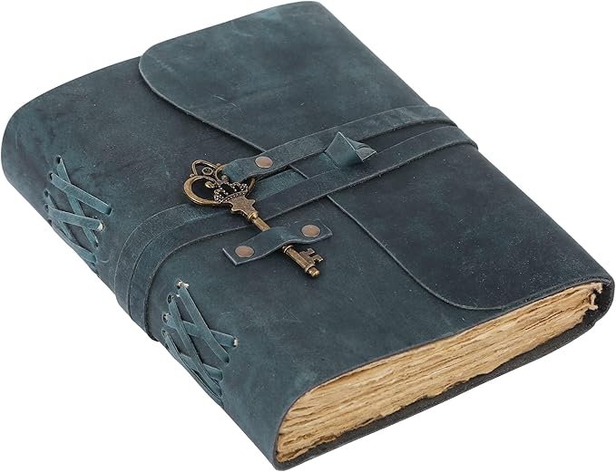 Leather Journal with Deckle Edge Paper 8x6 inch and Vintage Key | Handmade Writing Notebook Diary | Bound Daily Notepad for Men & Women Medium, Sketch/Writing pad for Artists