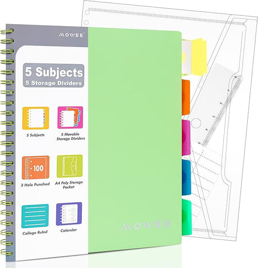 Spiral Notebook - 5 Subject Notebook, College Ruled Notebook 3-Hole Punched With Dividers, Storage Pockets, 11" Ruler, 100 Sheets of 200 Pages, for Writing Journal, Home &Office, School