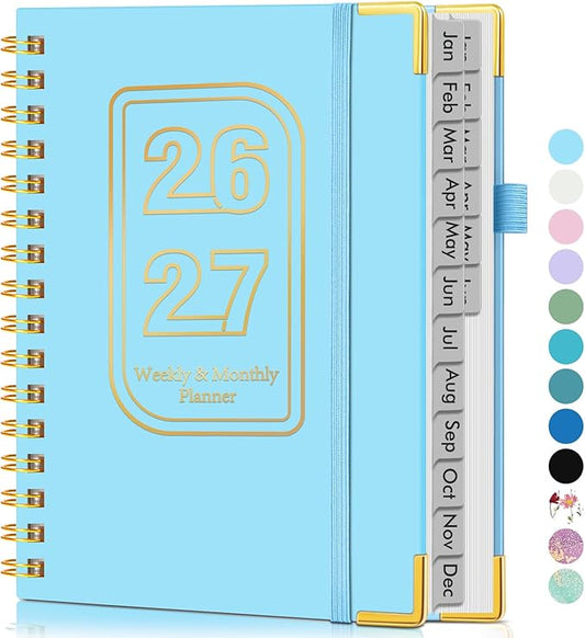 Planner 2026-2027, 18 Months Weekly and Monthly Hardcover Planner, January 2026 - June 2027, 5.75" x 8.38" A5 Daily Calendar Planner Book with Tabs, Spiral Yearly Agenda Organizer Notebook for School Work Home, Sky Blue