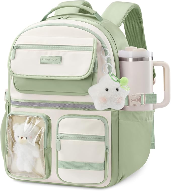 LOVEVOOK School Backpack for Girls, Cute Bookbag for Teen 8-16, DIY Friendly 15.6" Laptop Backpack for Middle High College Student Back to School, Bag with Water Bottle Pocket for Travel,Green