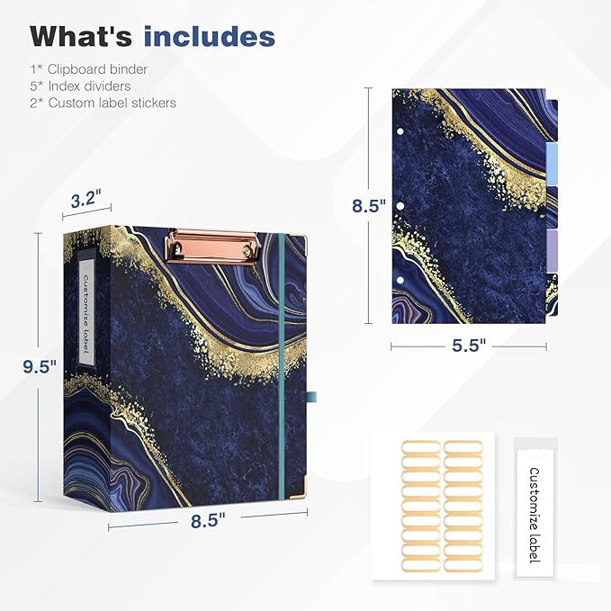 Ospelelf Mini 3-Ring Binder, 2-Inch, Cute for 5.5" x 8.5" with 5 Tab Dividers, File Folder Labels and Low Profile Clipboards, Blue Marble for School and Office