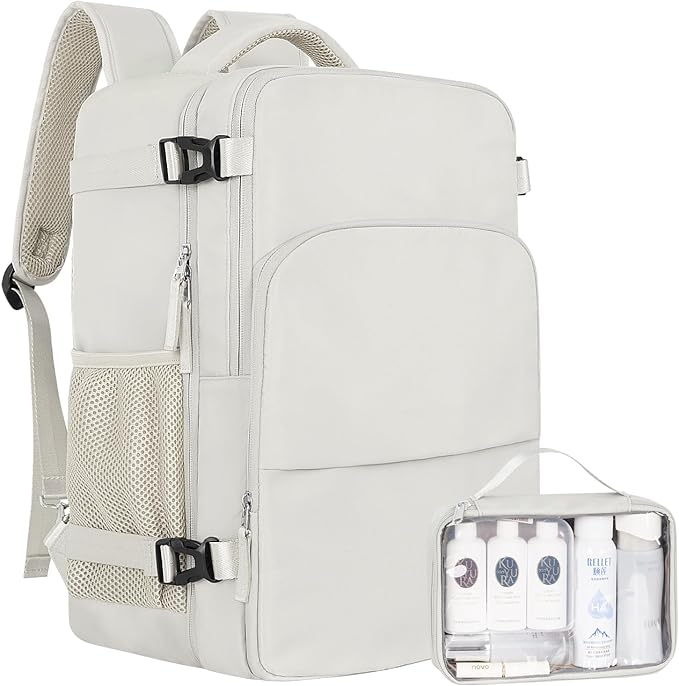 Sinaliy Travel Backpack, Carry on Flight Approved Backpack with Multi-Pockets, TSA Waterproof 17.3inch Laptop Backpack, Personal Item Travel Bag for Men Women, Beige