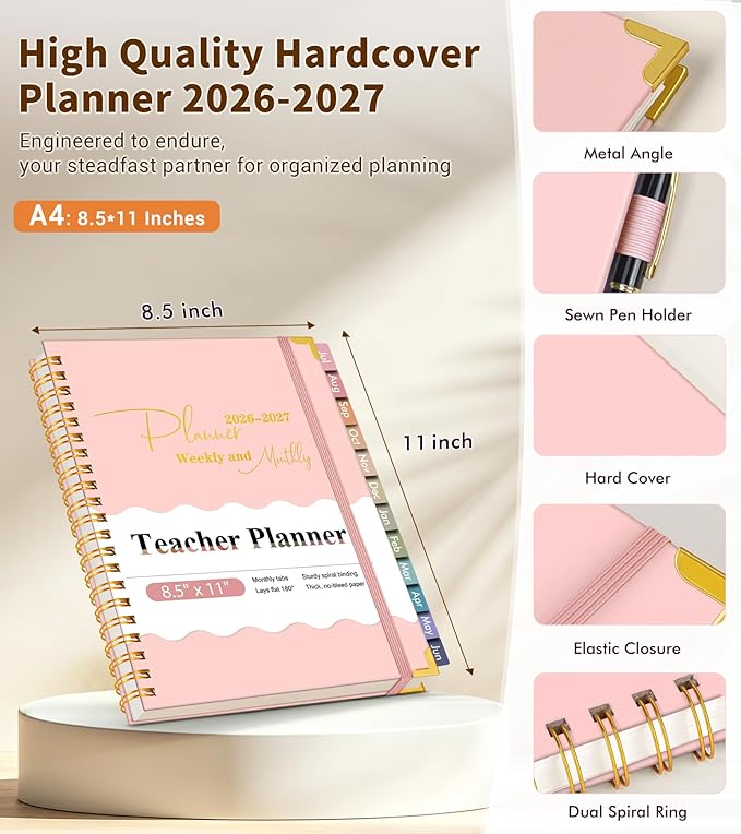 Teacher Planner 2026-2027, July 2026 - June 2027, Academic Weekly & Monthly Calendar Planner with Tabs, 8.5" x 11" A4 Teacher Lesson Plan Book with 7 Periods, Daily Agenda School Organizer for Teacher Student Homeschool, Pink