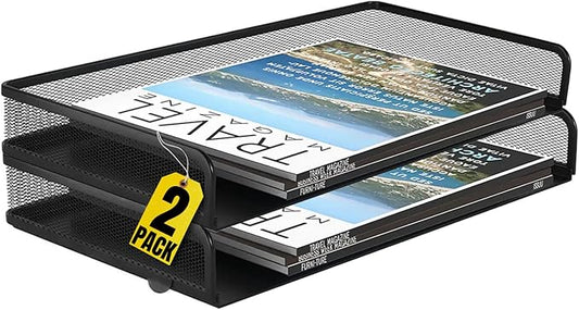 1InTheOffice Side Load Letter Tray Stackable, Black Mesh Tray Legal Size, "2 Pack"