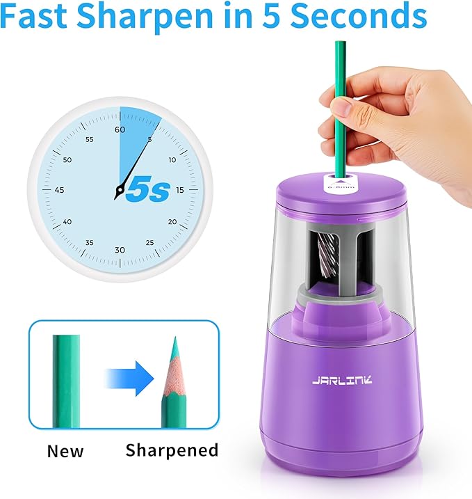 JARLINK Electric Pencil Sharpener, Heavy-Duty Helical Blade to Fast Sharpen, Auto Stop for No.2/Colored Pencils(6-8mm), AC Adapter/Battery Operated in School Classroom/Office/Home (Purple)
