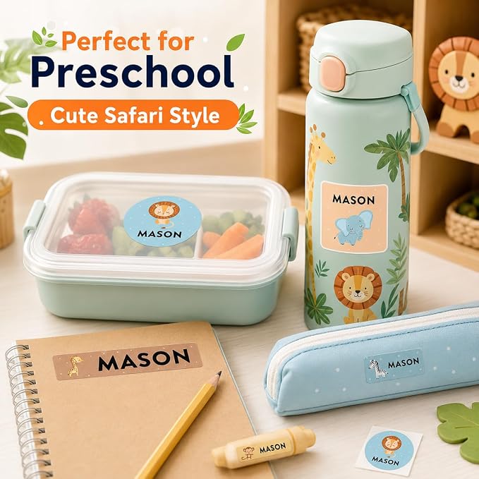 Andaz Press Custom Personalized Waterproof School Name Labels, Safari Animals, 120-Pack, Kids Labels Combo Pack, Customizable Multi-Use Name Stickers for Preschool, Daycare, Supplies, Office, Camping