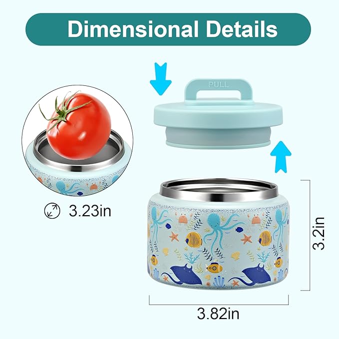JXXM 8 Oz Thermo Food Jar for Hot & Cold Food for Kids, Insulated Lunch Containers Hot Food Jar,Leak-Proof Vacuum Stainless Steel Wide Mouth Lunch Soup Thermo for School (Blue-Octopus)