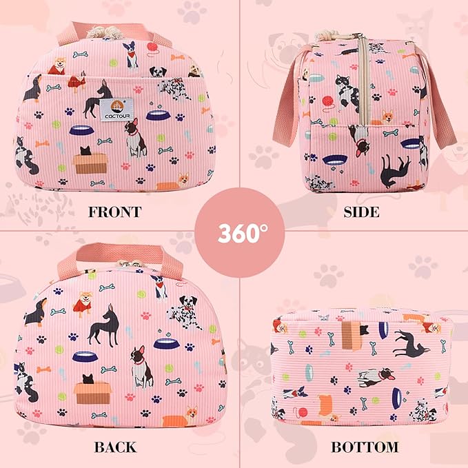 CaCTOUR Lunch Box for Women Girls Teens,Cute Lunch Box Cooler Bag, Portable Insulated Small Lunch Bag Women Reusable Corduroy Lunch Tote for Work/Travel/Picnic/School (Dog Pink,Small)