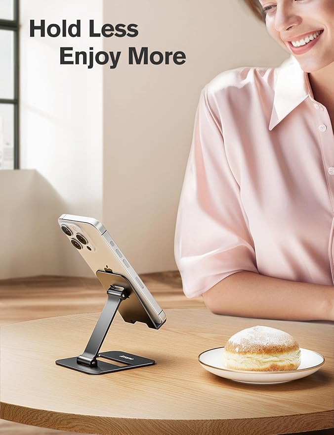 Nulaxy 2 Pack Dual Folding Cell Phone Stand, Fully Adjustable Phone Holder for Desk, Compatible with iPhone 17 16 15 14 13 12 11, Nintendo Switch, All Phones, Black & Rose Gold