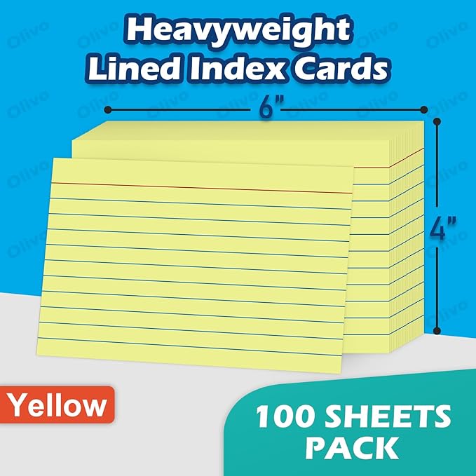 Yellow Index Cards 4x6 Lined Ruled Flash Note Cards 100 Count, 220 GSM Heavy Weight