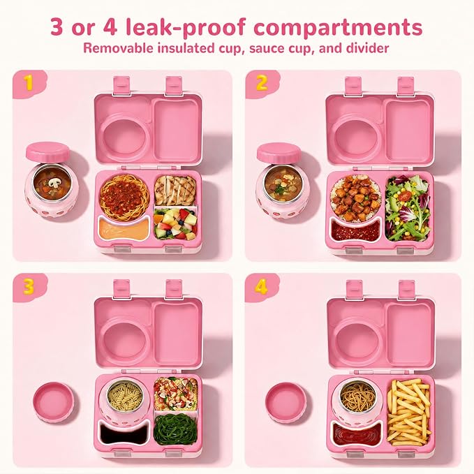 Kids Insulated Lunch Box with 8OZ Thermo Food Jar | Leakproof Bento Box with Ice Pack Sauce Cup Utensils Removable Tray & Dividers for School Daycare Travel, Strawberries