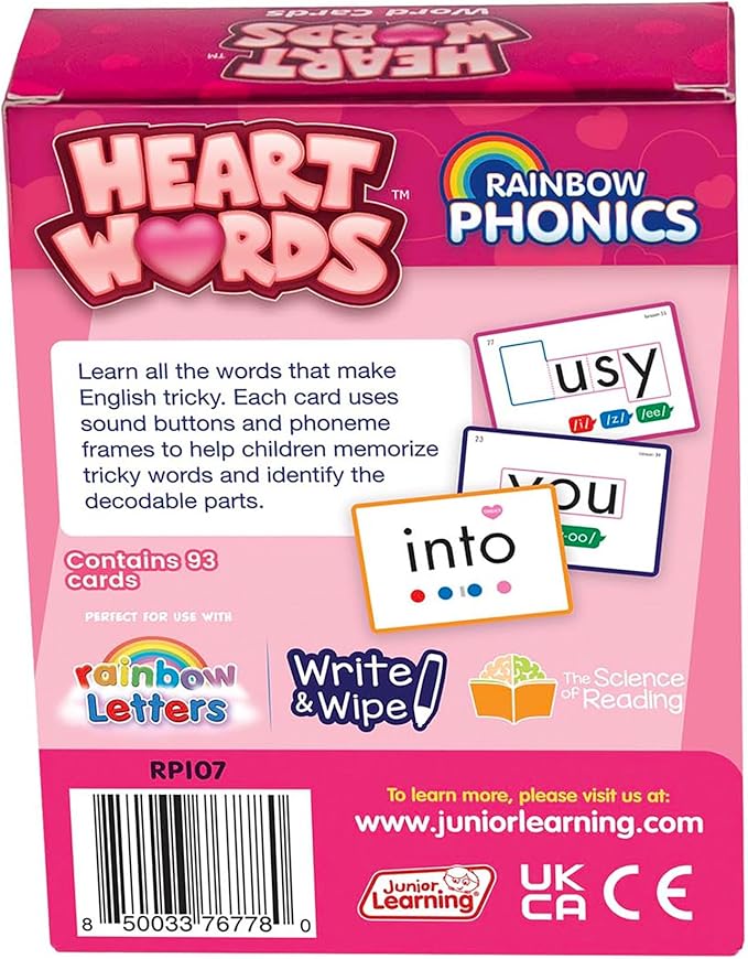 Junior Learning: Rainbow Phonics - Heart Words - 93 Word Cards, Flash Cards Use Visual Clues to Learn Core Words, Level Based Cards, Kids Ages 4+