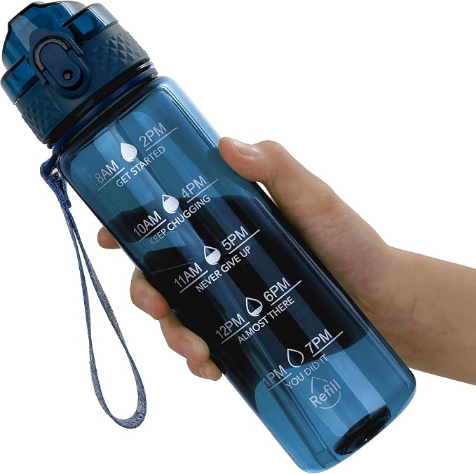 OLDLEY 17oz Kids Water Bottle, Tritan BPA-Free, Leakproof Flip Straw Lid, Motivational Time Marker, Carry Strap, Reusable Clear Water Bottle for Boys & Girls,Slate Blue