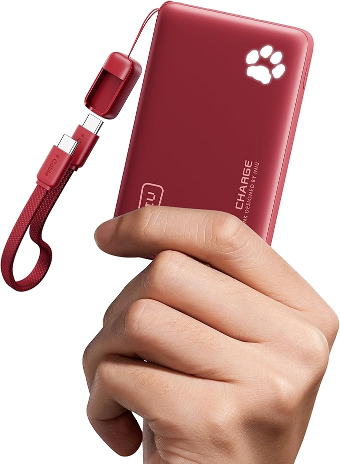 INIU 45W Fast Charging Portable Charger, 40% Smaller 10000mAh with Detachable Cable, Flight-Safe Travel Power Bank, USB C External Phone Battery Pack for Long Flight, Vacation, Cruise, Teens, Red
