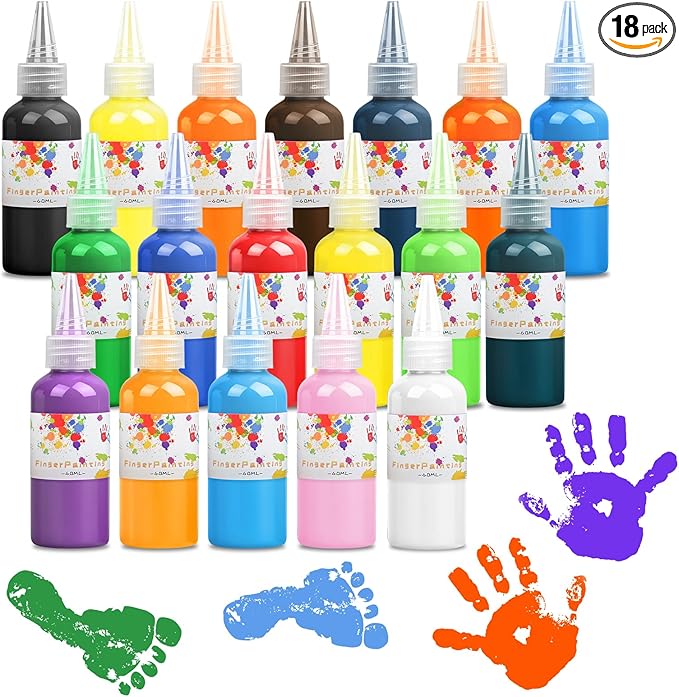 Washable Finger Paint 18 Colors Set Large Capacity (2.1fl oz/60ml) Non Toxic Finger Paints Art Painting Supplies for DIY Crafts Gifts Hand Painting