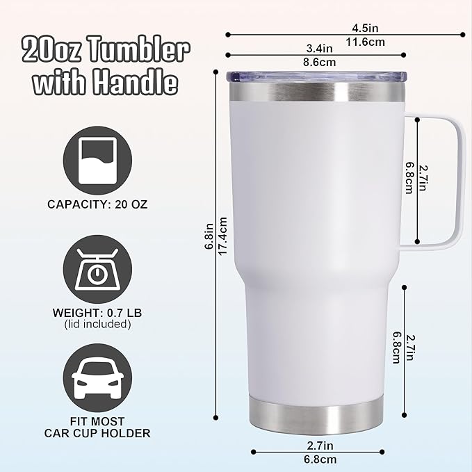 20 oz Tumbler with Handle and Lid, Stainless Steel Tumbler Insulated Travel Coffee Mug, Spill Proof Double Wall Vacuum Tumbler Cup Keep Drink Hot & Cold,White, 6 Pack