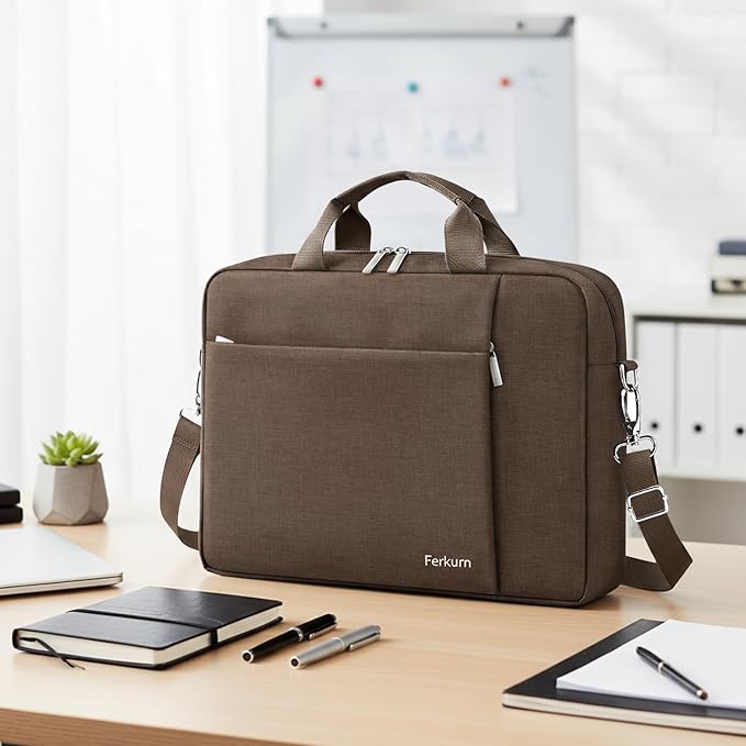 Ferkurn Laptop Bag Case for Women Men Computer Bag Compatible with HP Envy Pavilion Omen/LG Gram/MSI/Dell Inspiron XPS/Lenovo/Acer, Shoulder Strap Carrying Messenger Briefcase, Brown, 15.6 16 Inch