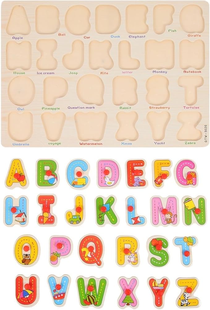 Alphabet Puzzle Wooden Puzzles for Toddlers 3+ Year Old, ABC Puzzle Shape Alphabet Learning Puzzles Toys with Puzzle Board & Letter Blocks, Preschool Education Kit for Girls and Boys
