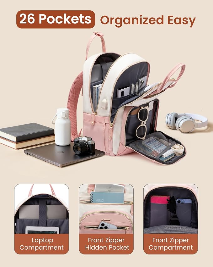 LOVEVOOK Backpack for Women,Laptop Backpack Women,Fits 15.6 Inch Laptop Bag,School Backpacks,Fashion Travel Work Anti-theft Bag,Waterproof Business Computer College Backpack Purse,Grey-Pink-Grey