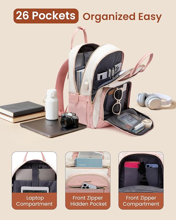 LOVEVOOK Laptop Backpack Women,15.6 inch Waterproof Work Travel Backpack Computer Laptop Bag,Cute College Nurse Teacher Backpack Purse,Gifts for Women & Men,Pink-Beige