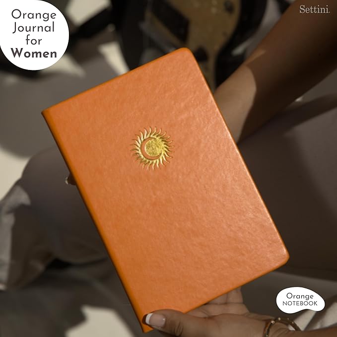 SETTINI Lined Journal, Ideal for Journaling - A5 Vegan Leather Notebook, 192 Archival-Quality Pages, QuillEase Bleed-Free Paper, Inner Pocket & Bookmark - Orange Gifts, Orange Sun