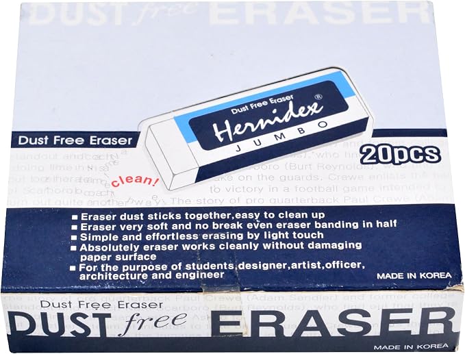 Hernidex #1020 Jumbo Dust-Free Eraser, Effortless Erasing, Clean Finish, White, Bulk Pack 20pcs/Box