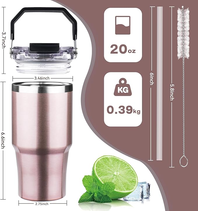 20oz Tumbler with Handle and Flip Straw Lid Double Wall Insulated Travel Coffee Mug Stainless Steel Vacuum Insulated Coffee Tumbler Cup for Hot and Cold Beverages Leak-proof&BPA-free（20oz,Rose gold）