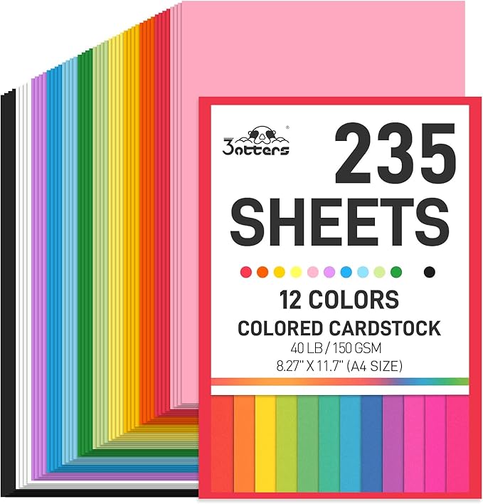 3 otters 235Sheets 8.27" x 11.7" Construction Paper Assorted Colors, 12 Colored Cardstock Printer Paper, for Printing, DIY Crafts, Party Decorations, Teacher Kids Classroom Must Have, 40 lb/150 GSM