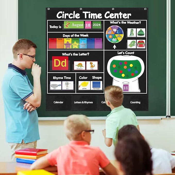 Circle Time Learning Center Classroom Pocket Chart Preschool, Educational Pocket Chart Teaching Materials, Learning Calendar Weather Counting Letter Color, Circle Time Learning Center Black