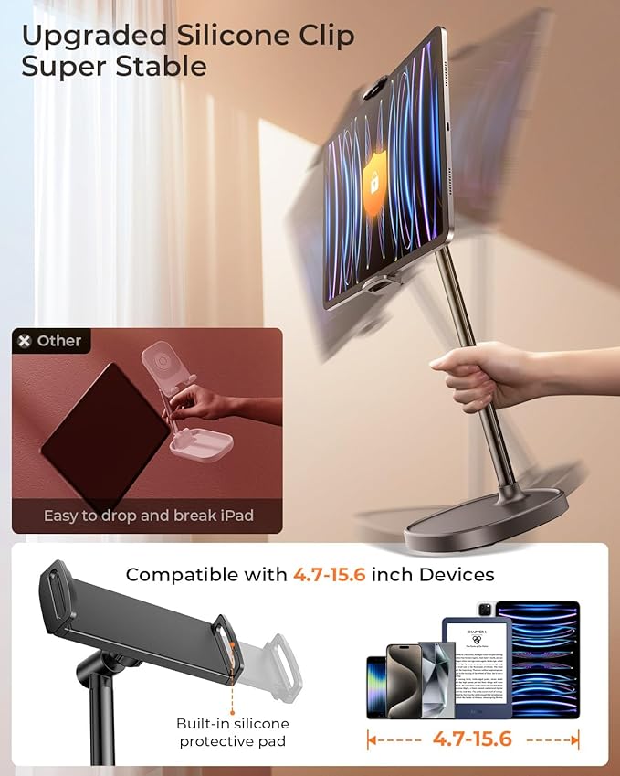 DIMONCOAT Height Adjustable Tablet Stand for Desk, Tablet Holder 360° Rotation: Desktop Tablet Accessories for 4.7-10" Like iPad Pro, Air Mini, Kindle, E-Reader, iPhone 17 Pro Max
