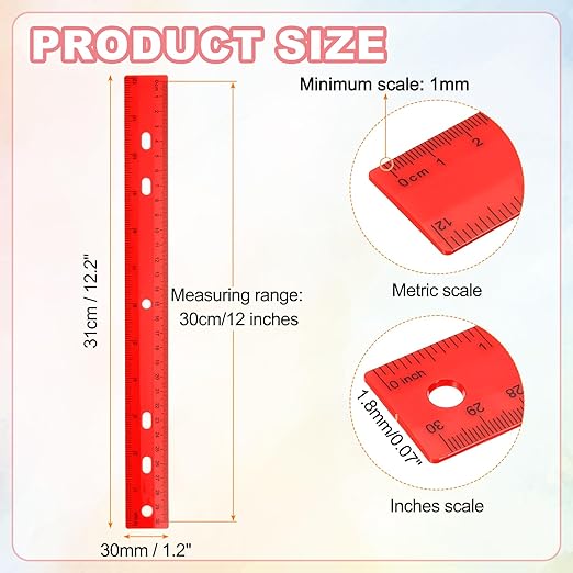 HARFINGTON 20pcs Plastic Rulers 12" (30cm) Clear Straight Ruler Measuring Tool Inches and Centimeters with Hole for Home Office Classrooms Drafting, Red